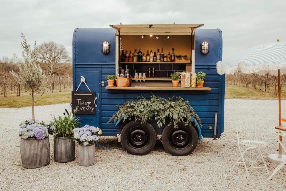 The Tipsy Events Vintage Horse Box set up ready for a wedding at the Cherry Barn in East Sussex near Rye